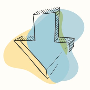 Hand drawn arrow illustration pointing down with shapes lines and colours vector