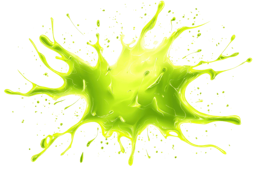 A vibrant green splash with dynamic droplets radiating outward. png
