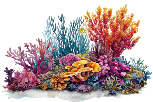 A vibrant coral reef with diverse marine life, showcasing a variety of colors and textures. png