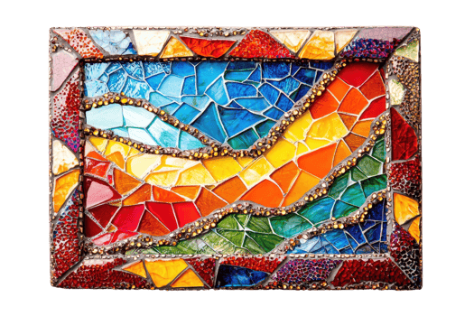 A vibrant mosaic artwork featuring flowing patterns in red, blue, green, and yellow hues, showcasing intricate tile arrangements. png