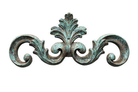 Ornate decorative element with intricate leaf and swirl patterns, featuring a weathered patina effect. png