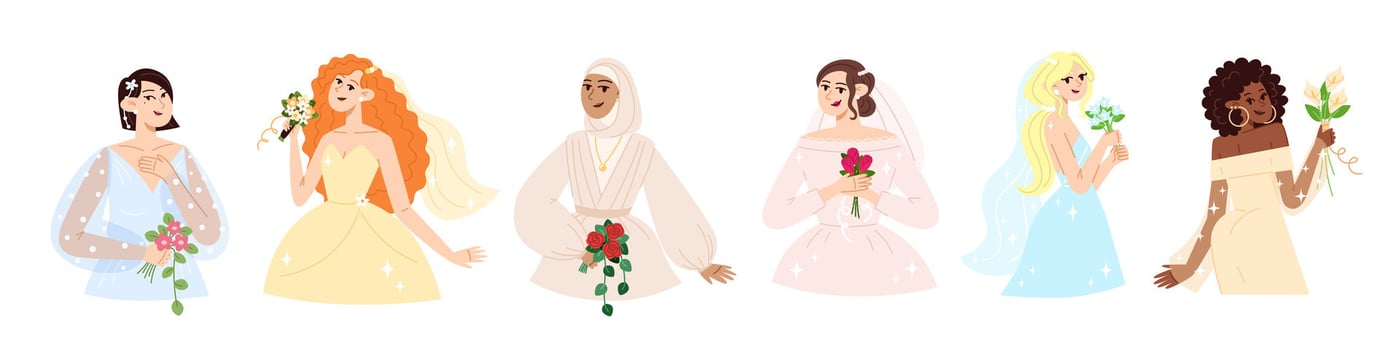 Set of beautiful brides in fashionable wedding dresses with bouquet of flowers in flat style vector