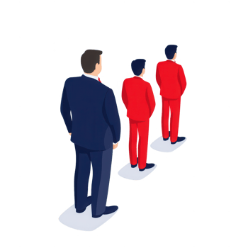 A businessman leads a team of individuals in red suits, symbolizing leadership. png