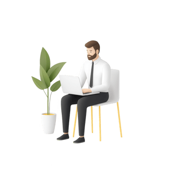 A businessman working on a laptop in a modern office setting with a potted plant. png