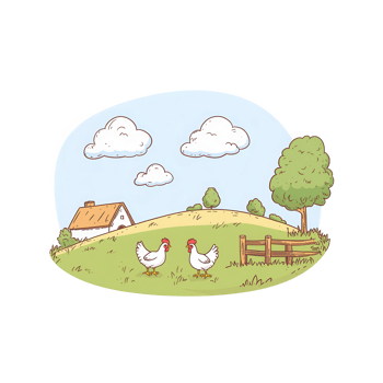 A charming rural scene featuring chickens grazing near a farmhouse and trees. png