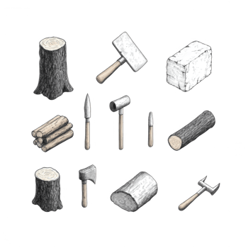 A collection of wooden logs and tools for woodworking and crafting activities. png