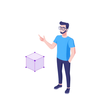 A confident man interacting with a 3D cube, showcasing modern technology concepts. png