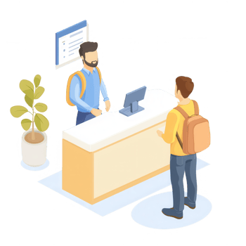 A customer interacts with a service representative at a stylish reception area. png