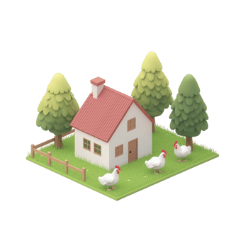 A cute farmhouse scene with chickens and trees in a vibrant, animated style. png