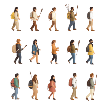 A diverse group of hikers walking through nature on an adventurous journey. png