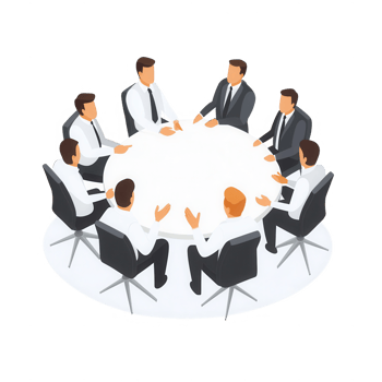 A diverse group of professionals engaged in a meeting around a round table. png