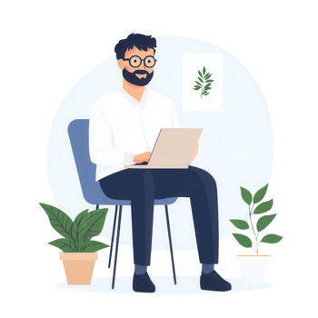 A man working on a laptop surrounded by indoor plants in a cozy setting. png