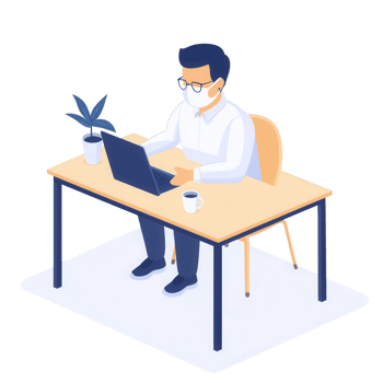 A man working diligently at a desk with a laptop, plant, and coffee cup. png