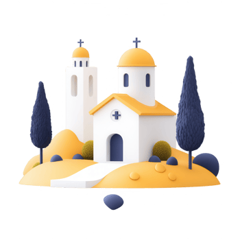 A picturesque church set in a serene landscape with vibrant colors and simple forms. png