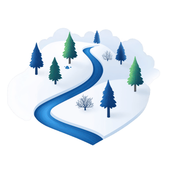 A serene winter landscape featuring a winding river and snow-covered trees. png