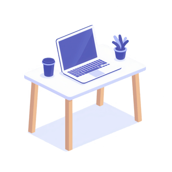 A modern workspace featuring a laptop, coffee cup, and a small plant. png