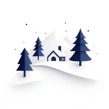 A serene winter scene with a cozy house nestled among snowy mountains and pine trees. png