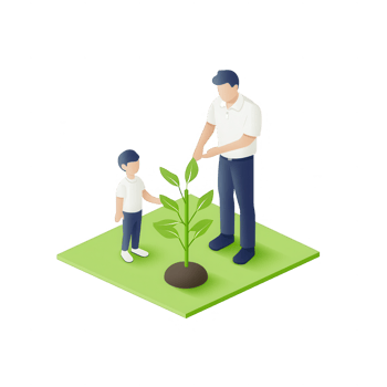 A parent teaches their child the importance of planting and nurturing a young tree. png