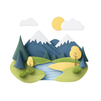 A serene landscape featuring mountains, trees, and a flowing river under a sunny sky. png