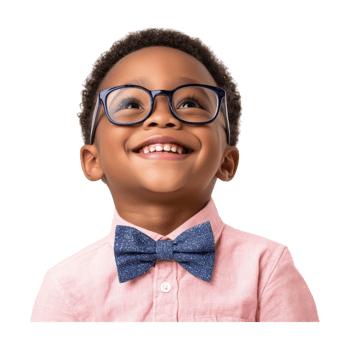 Charming young boy in glasses and pink shirt with blue bow tie on transparent background png