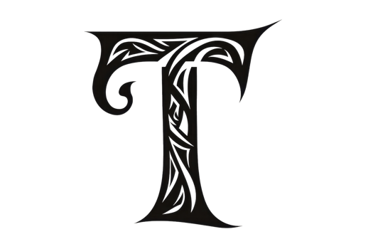 An ornate letter T featuring elegant swirling designs and subtle leaf patterns. png