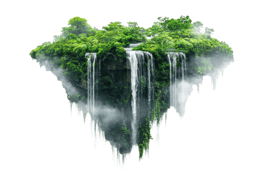 A lush, floating island featuring dense greenery, cascading waterfalls, and a misty aura, presenting a magical natural landscape. png