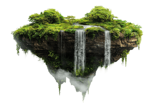 A lush, floating island features vibrant greenery and cascading waterfalls, creating a magical, serene atmosphere. png
