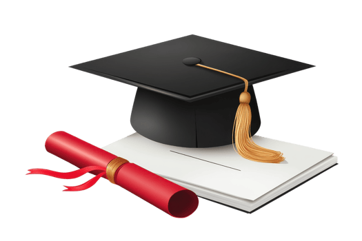A graduation cap sits atop a diploma, symbolizing academic achievement and success in education. png