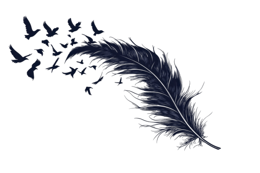 A dark feather with birds emerging from it, creating a seamless blend between the two elements. png