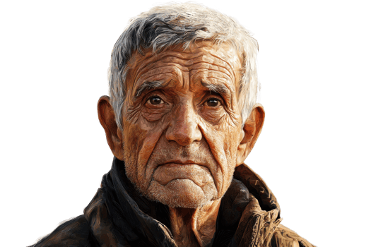 A weathered elderly man with deep facial lines and a thoughtful expression, wearing a rustic jacket. png