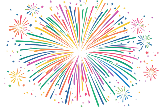 A vibrant display of multicolored fireworks bursting joyfully in various starburst patterns. png