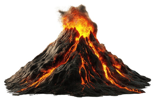 A fiery volcano erupts, spewing lava and smoke, showcasing natural power and earth's geological activity. png