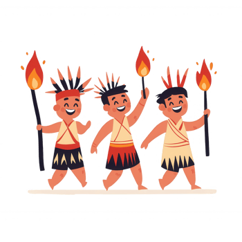 Cheerful children celebrating with torches in traditional attire. png