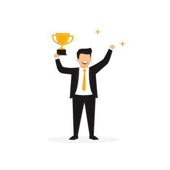 A successful man proudly holds a trophy, celebrating achievement and victory in the workplace. png