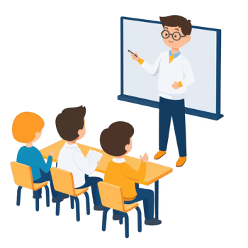 A teacher presenting a lesson to engaged students in a classroom setting. png