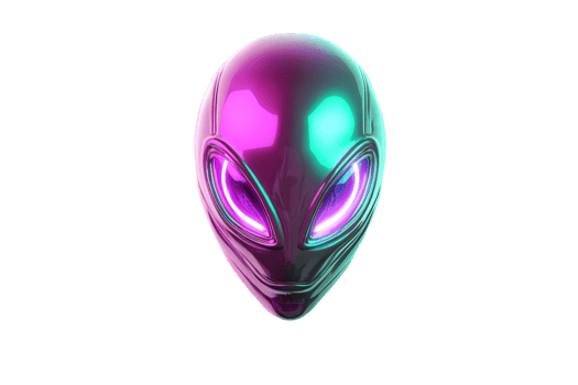 A glowing, futuristic alien head with large, luminous eyes in vibrant colors. png