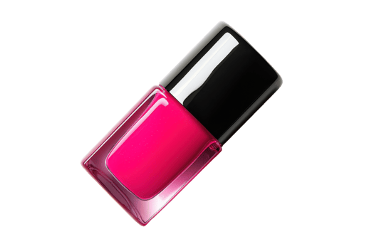 A vibrant pink nail polish bottle with a sleek black cap, showcasing a glossy finish. png