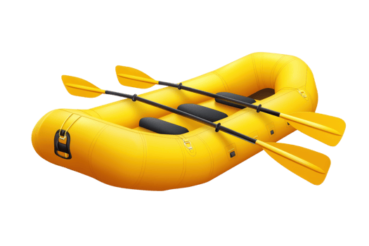 A bright yellow inflatable raft equipped with four paddles, designed for adventurous water activities. png