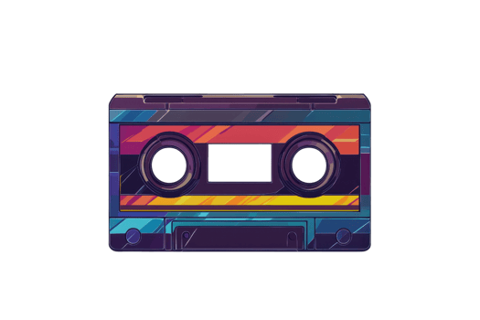 A vibrant, retro cassette tape featuring colorful patterns and two circular reels. png