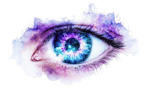 A striking, colorful human eye with a galaxy-like pattern and vibrant hues. png