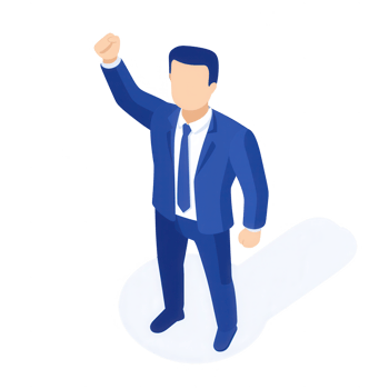 Confident businessman raising hand in victory, symbolizing success and achievement. png