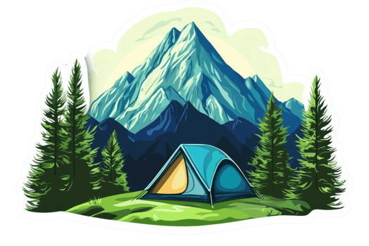 A colorful camping tent sits on a grassy area, surrounded by towering mountains and lush green trees. png