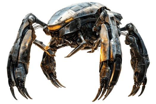 A robotic crab with metallic features and articulated limbs, showcasing intricate design and a futuristic aesthetic. png