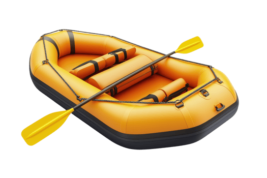 An inflatable orange raft with yellow paddles, designed for water activities and outdoor adventures. png