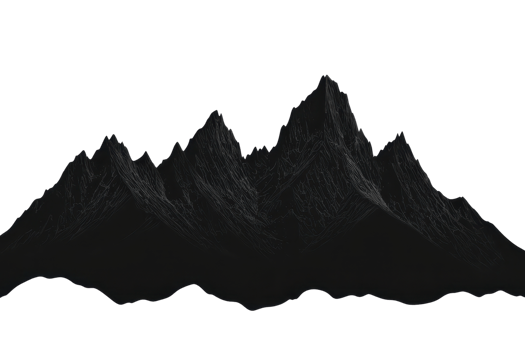 A silhouette of rugged mountain peaks, showcasing sharp ridges and dramatic contours in a dark setting. png