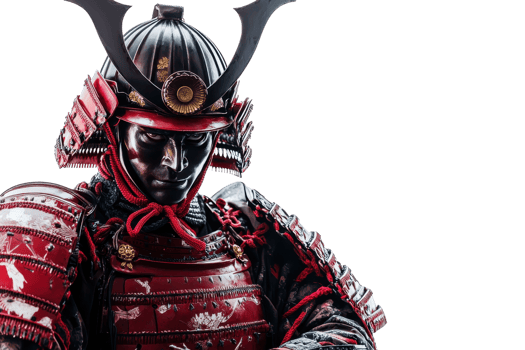 A warrior in traditional samurai armor, showcasing intricate designs and a striking helmet adorned with horns. png