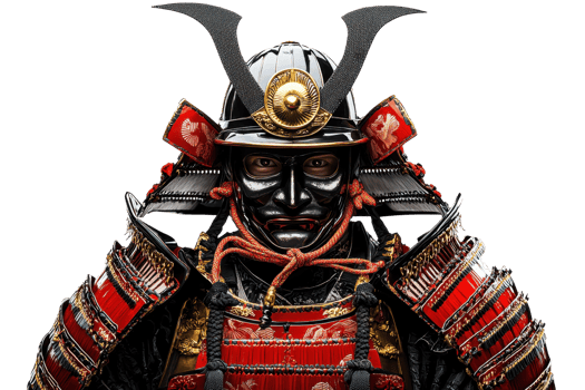 A detailed samurai armor with a distinctive helmet and faceplate, showcasing intricate designs and vibrant colors. png
