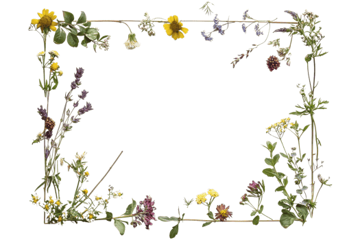 A vibrant arrangement of various wildflowers and greenery forming a decorative frame. png