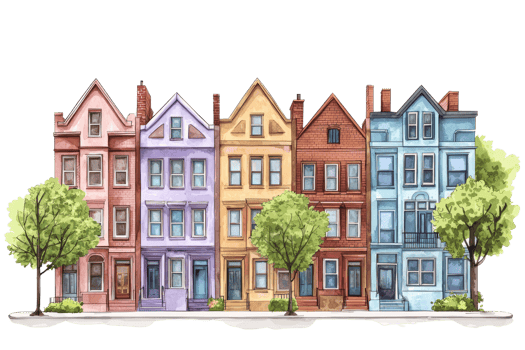 A row of colorful, charming houses with distinct architectural features and greenery, showcasing a vibrant urban scene. png
