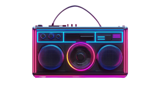 A colorful, retro boombox featuring vibrant neon lights and dual speakers, showcasing a nostalgic design. png